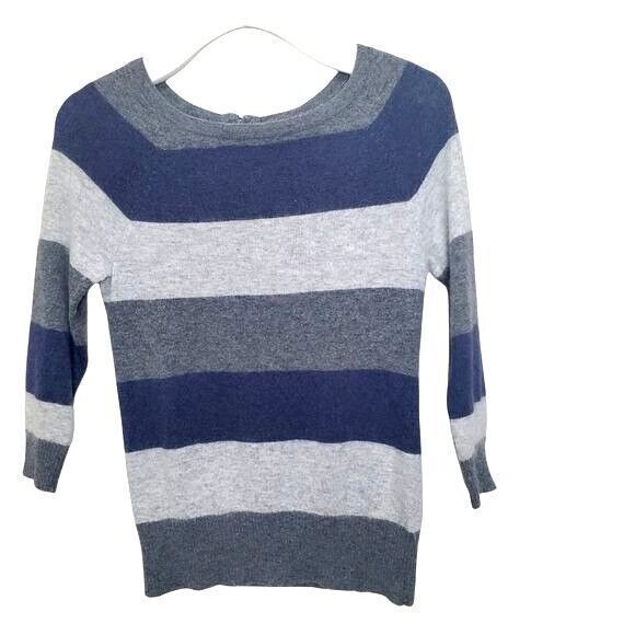 Kenar Striped Angora Blend‎ Sweater Womens XS Navy Gray Color Block Zip Back - Picture 1 of 7
